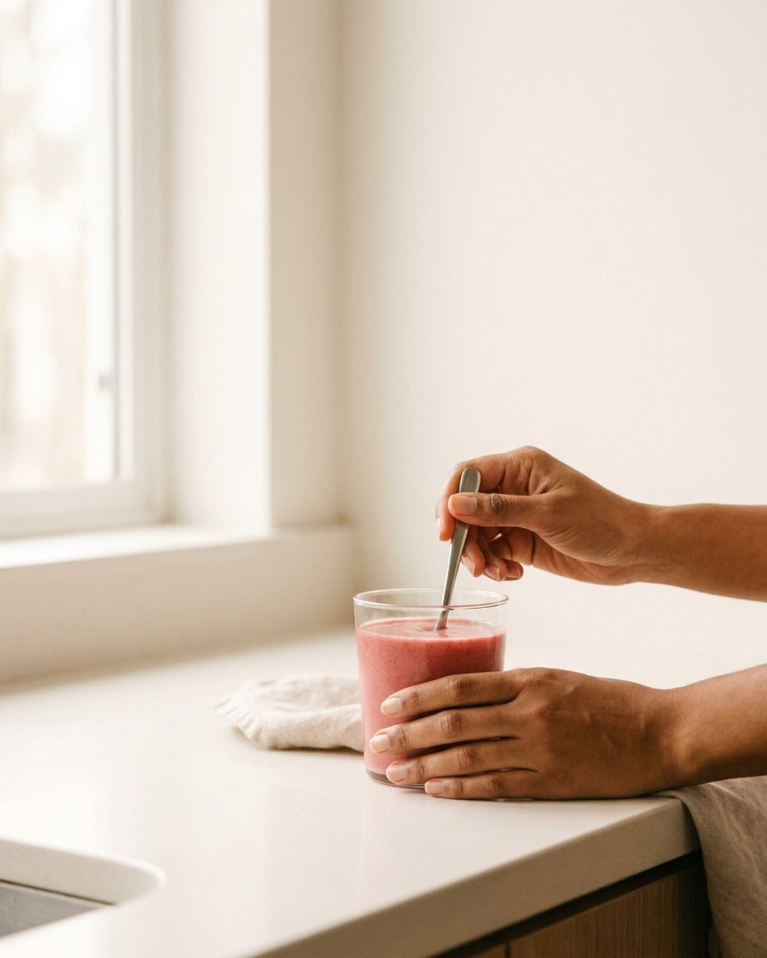 El ritual de la mañana: bebida de frutos rojos en la cocina