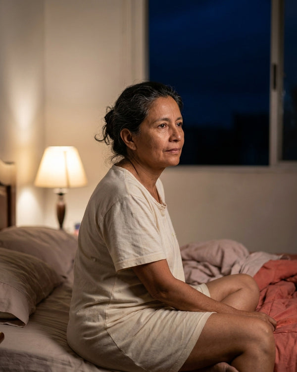 Mujer despierta de madrugada, sentada al borde de la cama